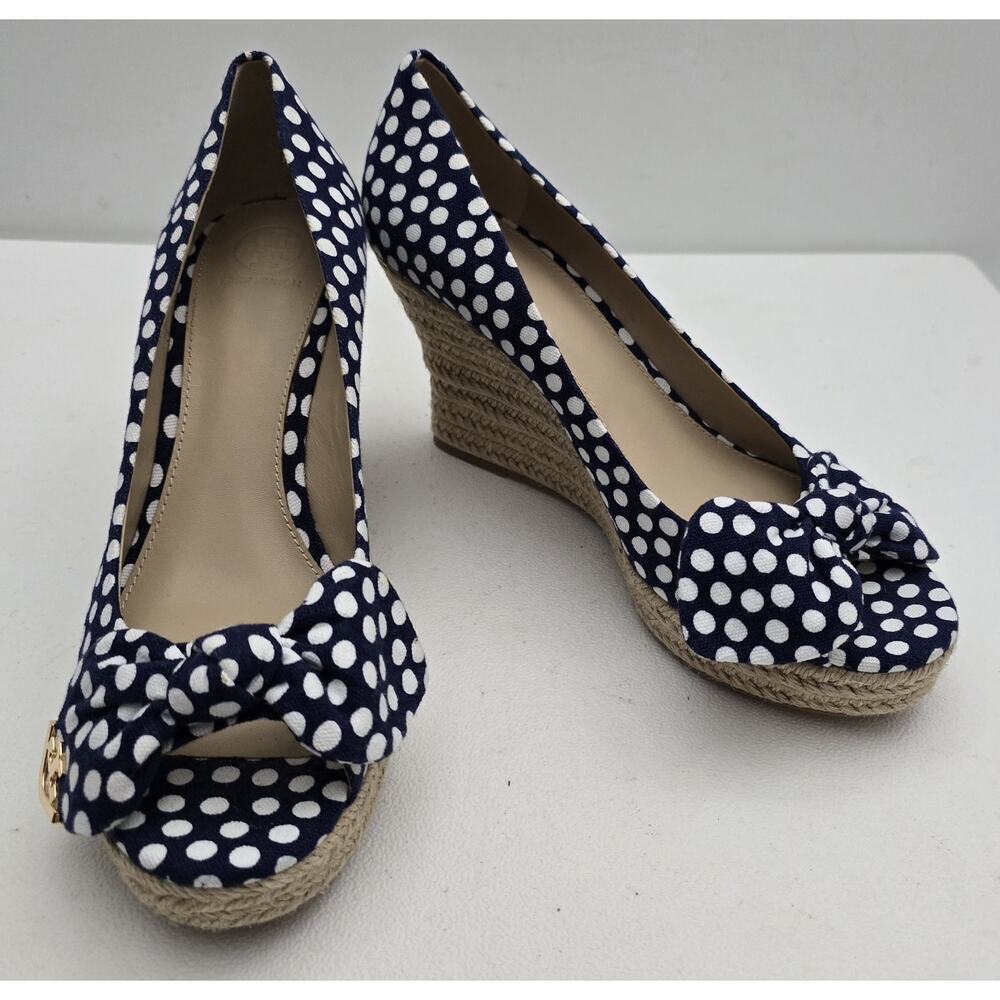Tory Burch Dory Navy/White Polka Dot Wedge Espadrille Women's Bow Peep Toe Sz 9